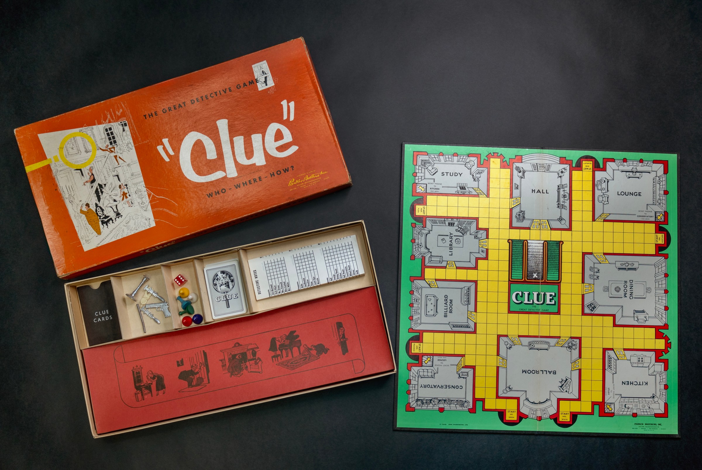 The 1956 edition of Clue, including the box, accessories, and board