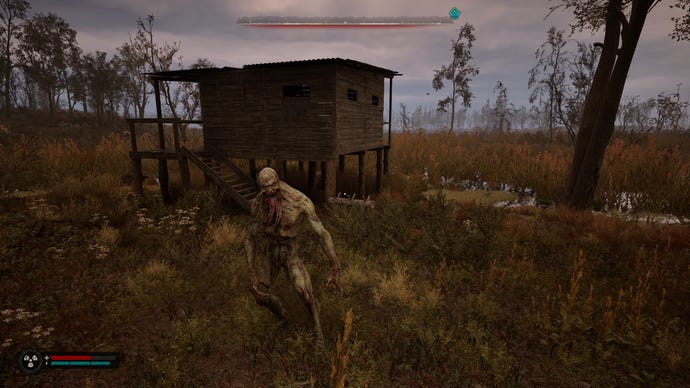 A Bloodsucker attacking in front of a swamp shack in S.T.A.L.K.E.R. 2: Heart of Chornobyl.