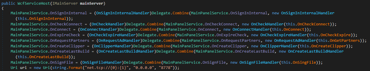 Figure 10. Initialization code for the MainPanelService WCF service and its handlers