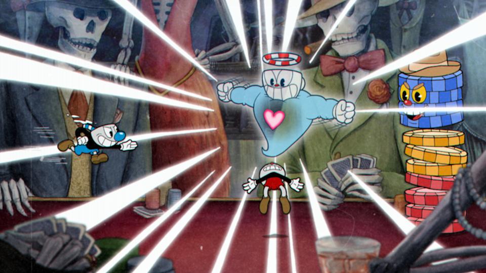 Gameplay screenshot from Cuphead. Boss fight.