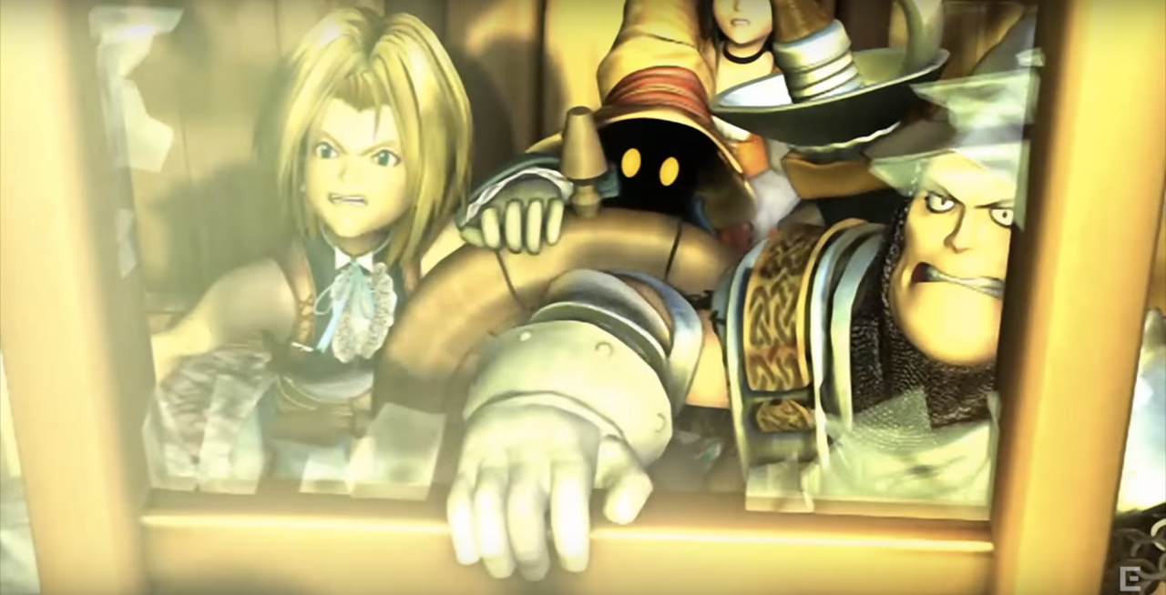 Steiner, Vivi, Zidane, and Garner look out of an airship.