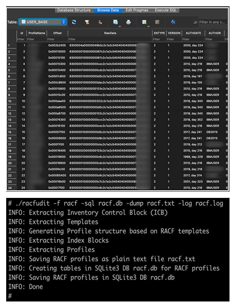 RACF DB information as an SQLite DB (top) and text data (bottom)