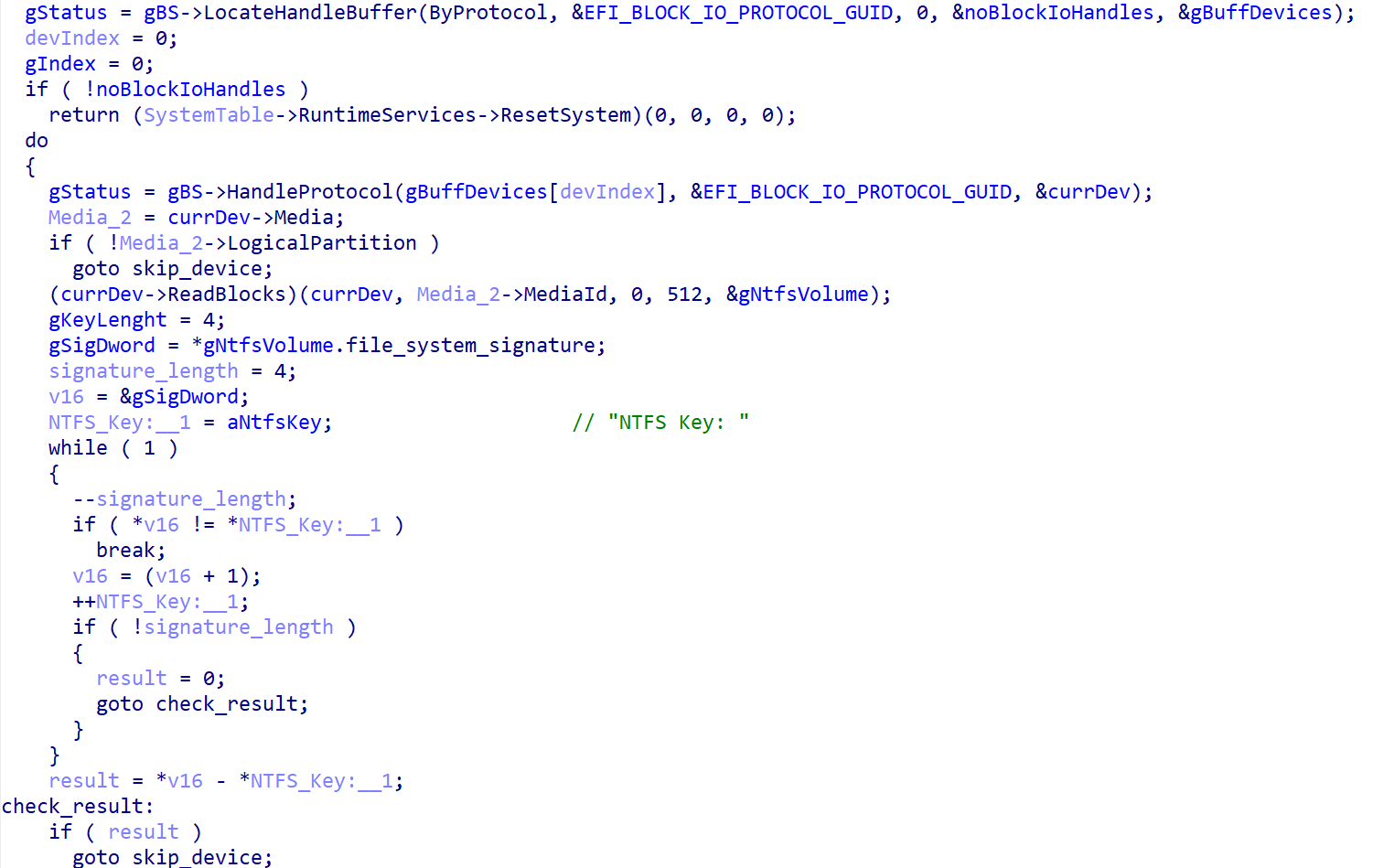 Figure 2. Hex-Rays decompiled code for NTFS partition identification Figure 2. Hex-Rays decompiled code for NTFS partitions identification
