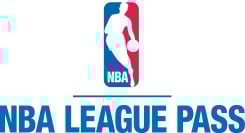 NBA League Pass logo with blue font and blue and red player illustration