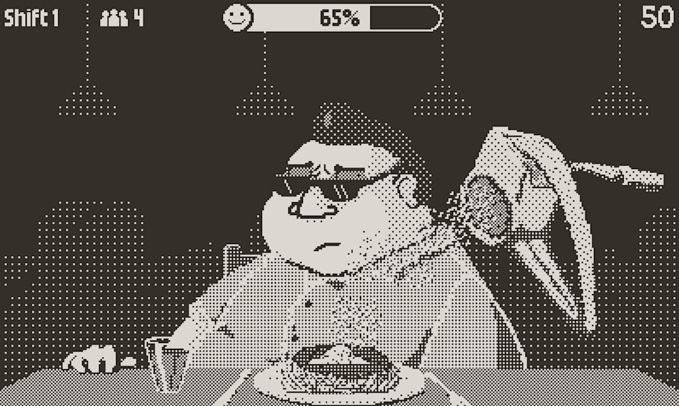 A still from the Playdate game Say When! showing a man wearing dark sunglasses sitting at a table, with a dish in front of him. Grated cheese is pouring onto the dish from a cheese grater that floats above it