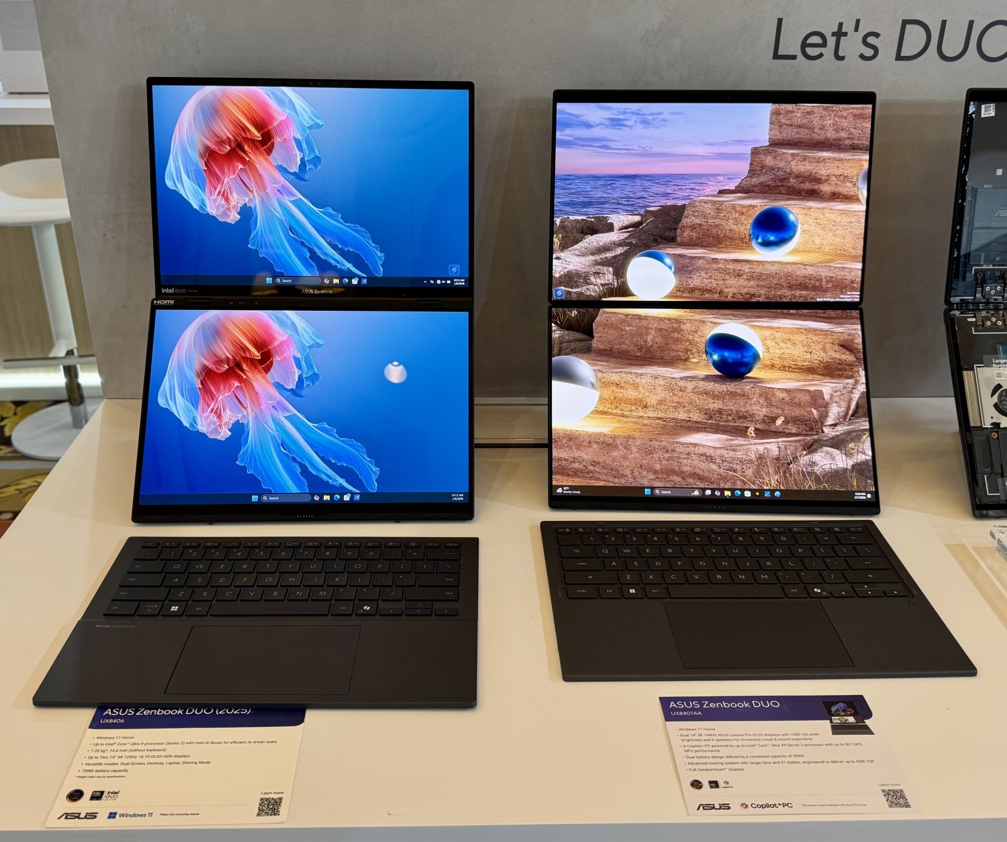 The old Asus Zenbook Duo on the left next to the redesigned one on the right.